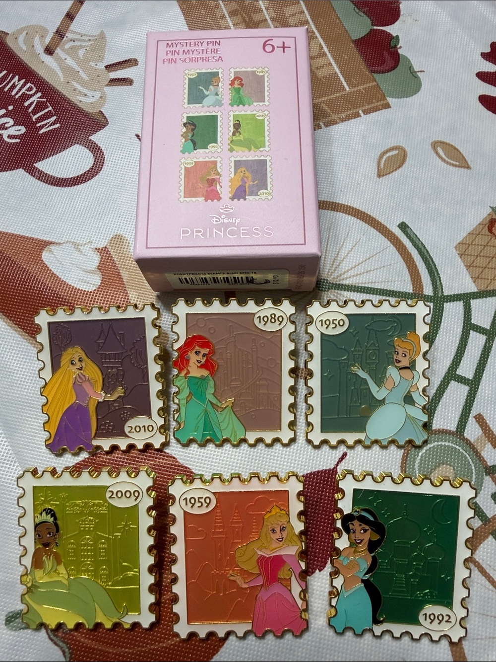 Loungefly Disney Princess stamp Pin set. rapunzel,jasmine,Cinderella,Tiana,Ariel
